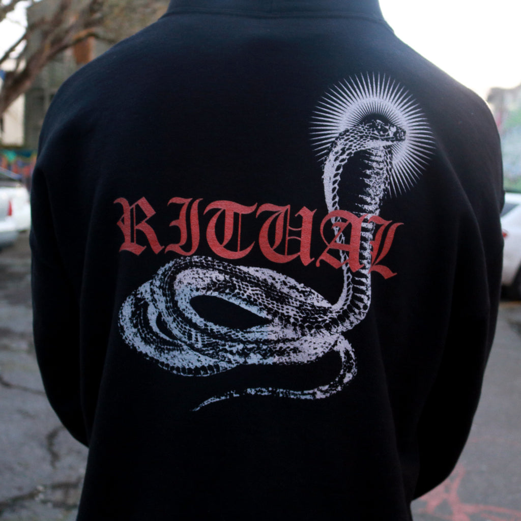 Streetwear Hoodie Old English Text "Ritual" on Back with Cobra and Halo