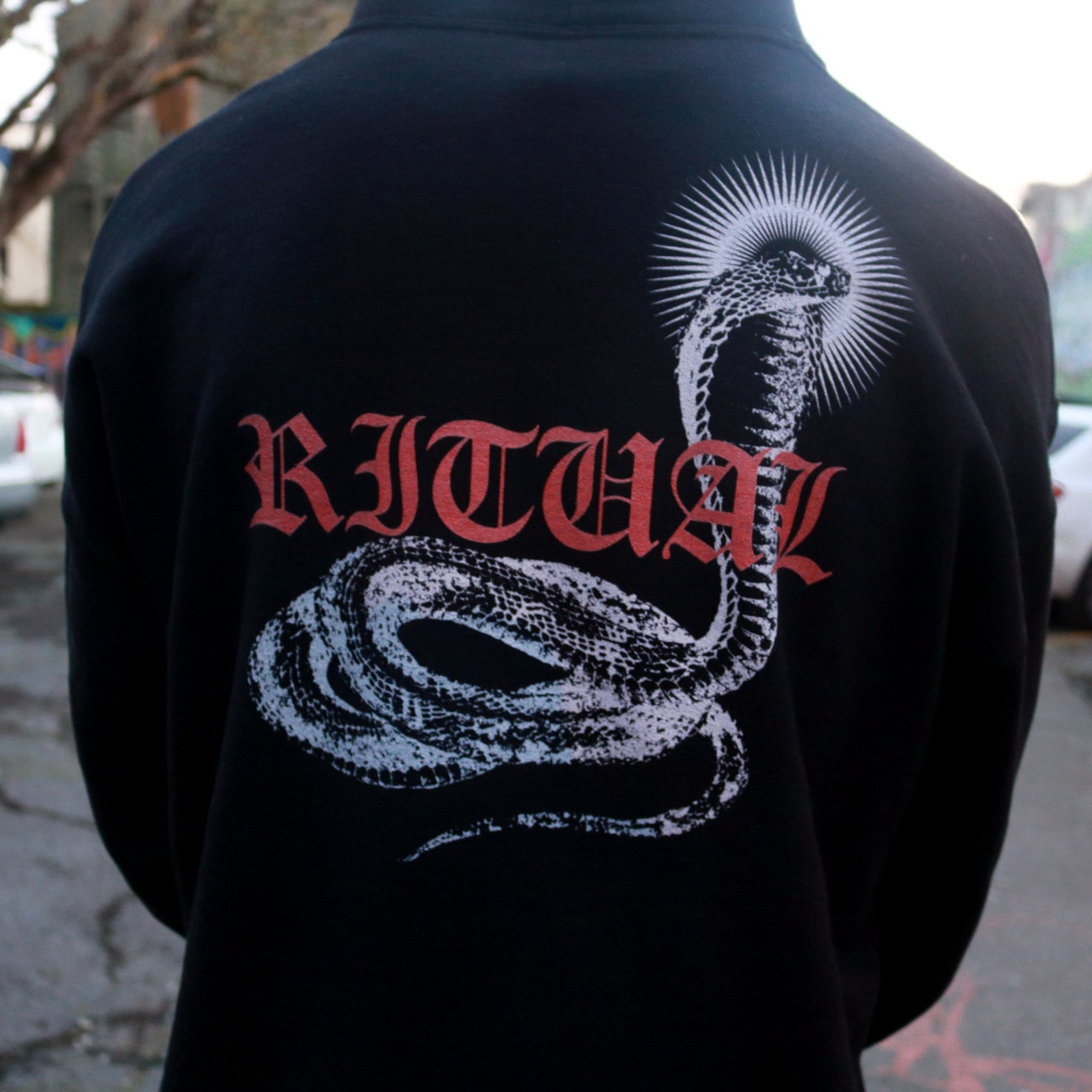 Streetwear Hoodie Old English Text "Ritual" on Back with Cobra and Halo