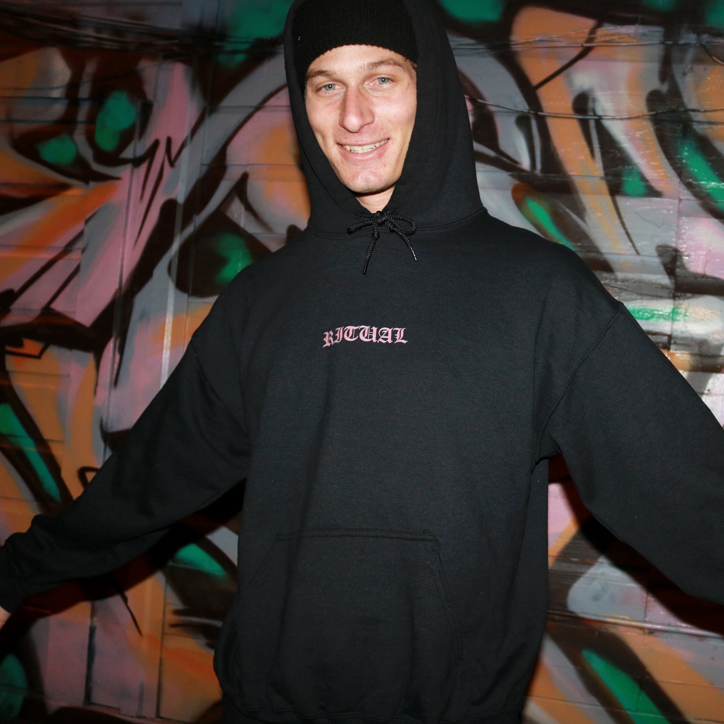 Streetwear Hoodie Old English Text on Front That Says Ritual