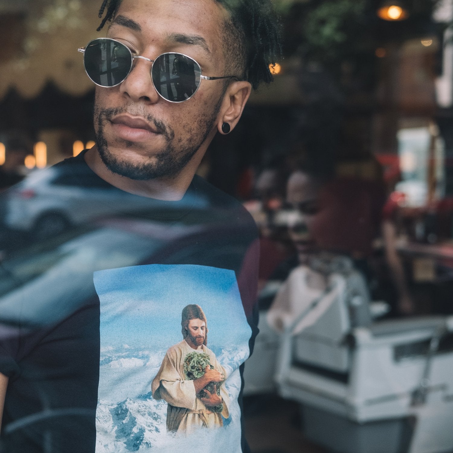 Giant Jesus Holding Nug of Marijuana Parody Satirical Paper Collage T-Shirt