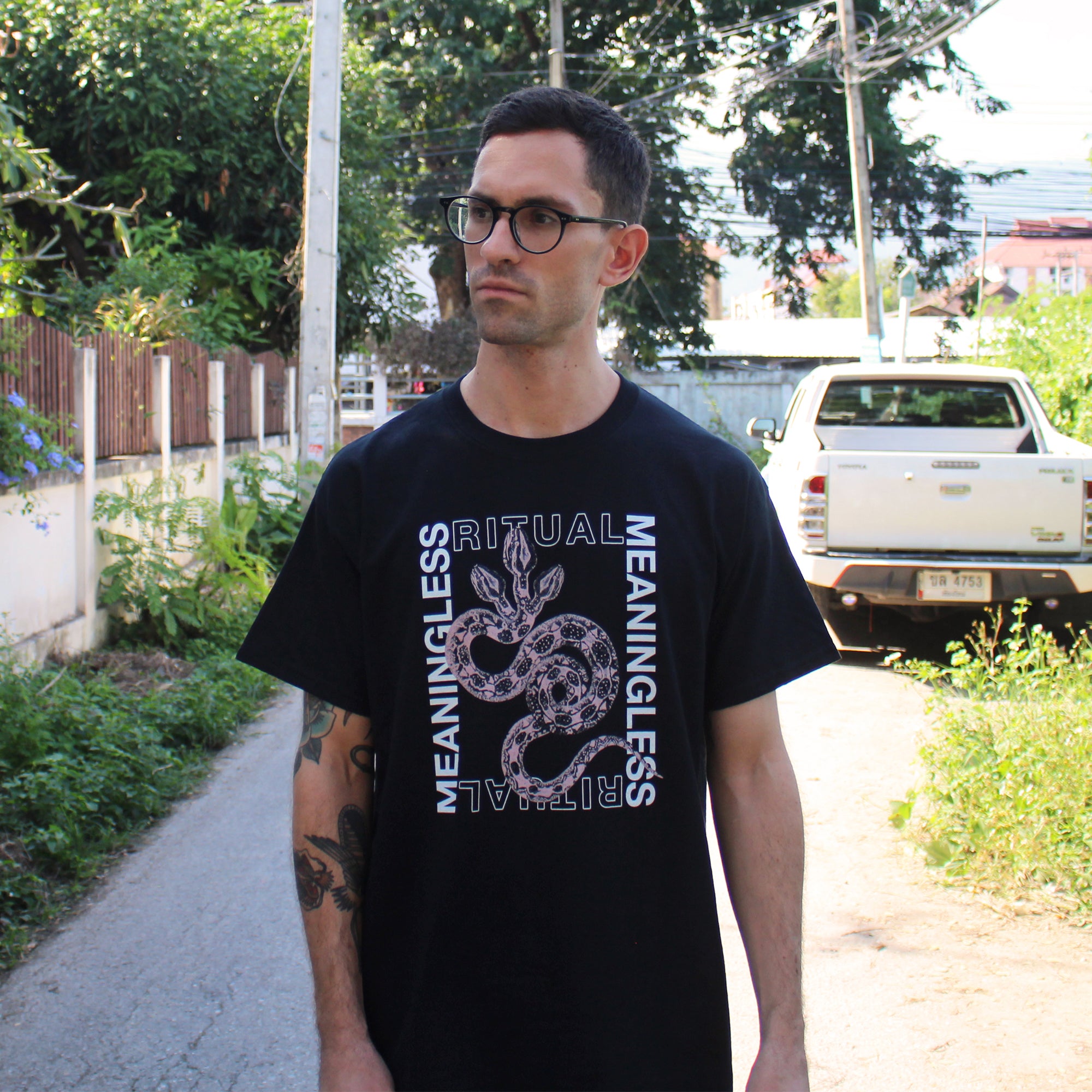 3-headed snake design framed by Meaningless Ritual t-shirt