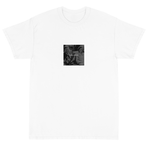Dark humor streetwear design featuring White text of Things are looking up! over a black and white photo pre-assassination